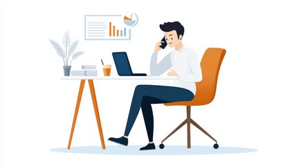 Businessperson on a phone call at a desk with reports and coffee, engaged in conversation.