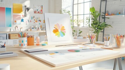 A creative workspace featuring printed design proposals alongside color palettes and design tools, inspiring creativity and collaboration.