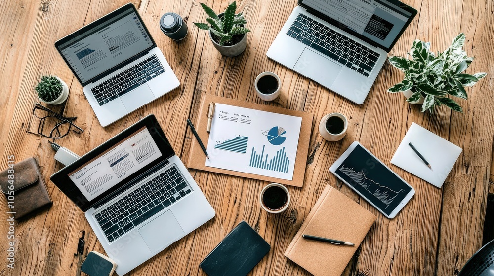Poster template for a business report being filled out in real-time during a meeting, with charts and text 