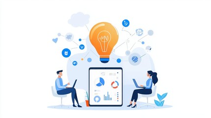 Group meeting with a tablet at the center, displaying shared data for a project discussion.