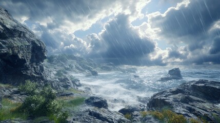 Storm clouds over a rocky coast, with strong winds and rain generative ai