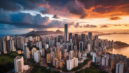 Fototapeta premium Stunning Sunset Over a Bustling City Skyline With Mountains and Coastline in the Background