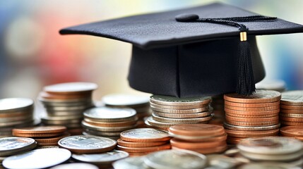 2410 94.A black mortarboard resting on stacked coins, with the background softly focused on more coin stacks, depicting the financial cost of tuition fees for studying abroad. The cap reflects the