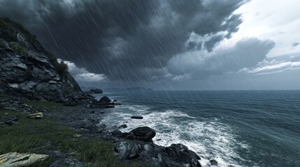 Obraz premium Storm clouds over a rocky coast, with strong winds and rain generative ai