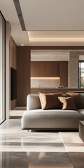 Fototapeta premium A living room with a couch and a kitchen area. The living room has a modern design with a brown couch and a brown pillow
