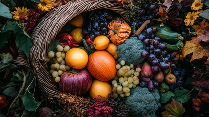 A basket of fruits and vegetables, including apples, oranges, grapes