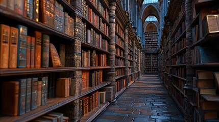 2410 61.Rows of bookshelves filled with books of various colors, sizes, and subjects in a large, well-lit library. The shelves are organized, with spines neatly aligned, giving a sense of the