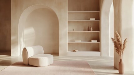 A minimal living room with beige walls, blush pink area rug, and white shelving units