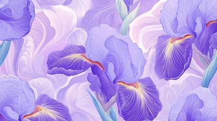 2410 23.A detailed vector pattern of violet irises against a pastel lilac background. The irises, with their soft petals and intricate lines, form a seamless floral design that is both modern and