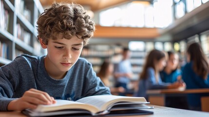 2410 52.A focused boy reading a textbook in a quiet library, with other students gathered in the background, casually talking about schoolwork. The boy&acirc;&euro;&trade;s intense concentration contrasts with the