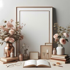 The 3D render and illustration depict a mock-up poster with an empty frame adorned with flowers and books.