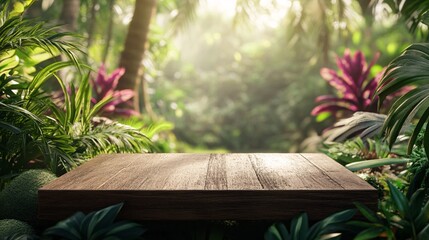 2410 4.A flat wooden podium surrounded by vibrant tropical plants in a sunlit outdoor setting. The soft blur of the forest backdrop highlights the texture of the wood, making it an ideal display