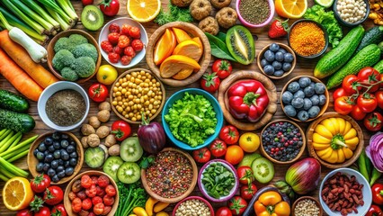 Fototapeta premium Vibrant selection of wholesome foods encourages nutritious eating and offers a variety of meal options to satisfy different tastes and dietary needs. Enjoy diverse flavors!