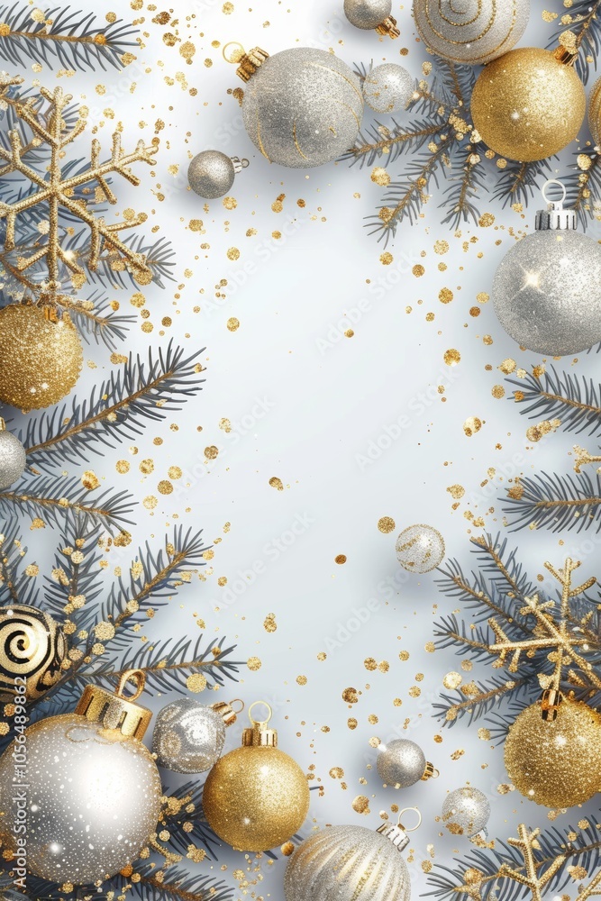 Poster a christmas tree with many ornaments and snowflakes. the snowflakes are scattered around the tree an