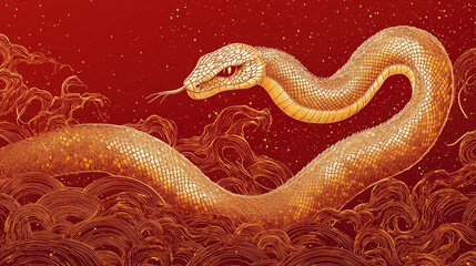 Obraz premium Snakes weaving through clouds, red lanterns, Chinese New Year