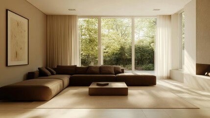 Fototapeta premium A minimalist design with soft beige walls and a dark brown L-shaped sofa