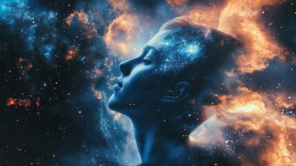 Abstract digital art of a woman with a galaxy for a head.  Concept of dreams, imagination, and spirituality.