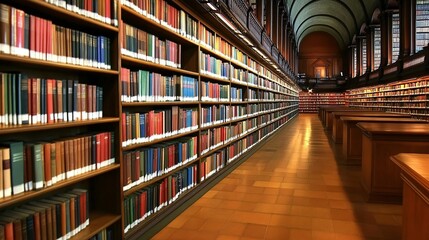 2410 64.A long row of bookshelves filled with a mix of modern and classic literature. The shelves are overflowing with books, creating a dense, intellectual environment that invites curiosity and