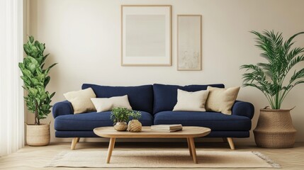 A minimalist living room featuring beige walls, a deep navy blue sofa, and a solid wood coffee table in a natural brown tone