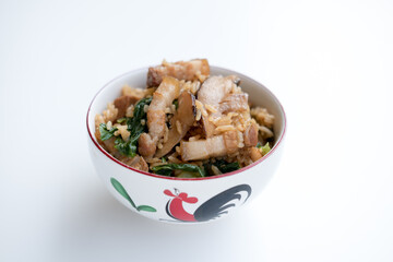 a bowl of Chinese Mustard Green Rice on white background. This bowl of mustard green rice consists of pork belly, dried prawns and mustard greens