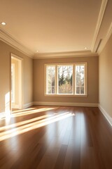 Fototapeta premium A large room with a white ceiling and a wooden floor. The room is empty and has a lot of natural light coming in through the windows