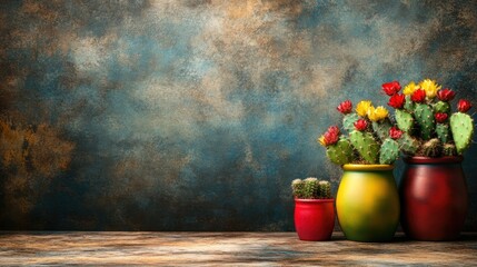 A vibrant arrangement of potted cacti against a textured blue and brown background.