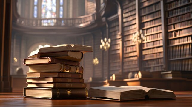 2410 41.A neatly stacked pile of books on a wooden table in the foreground, with a soft-focus background of a large library filled with towering bookshelves. The scene conveys a sense of academic
