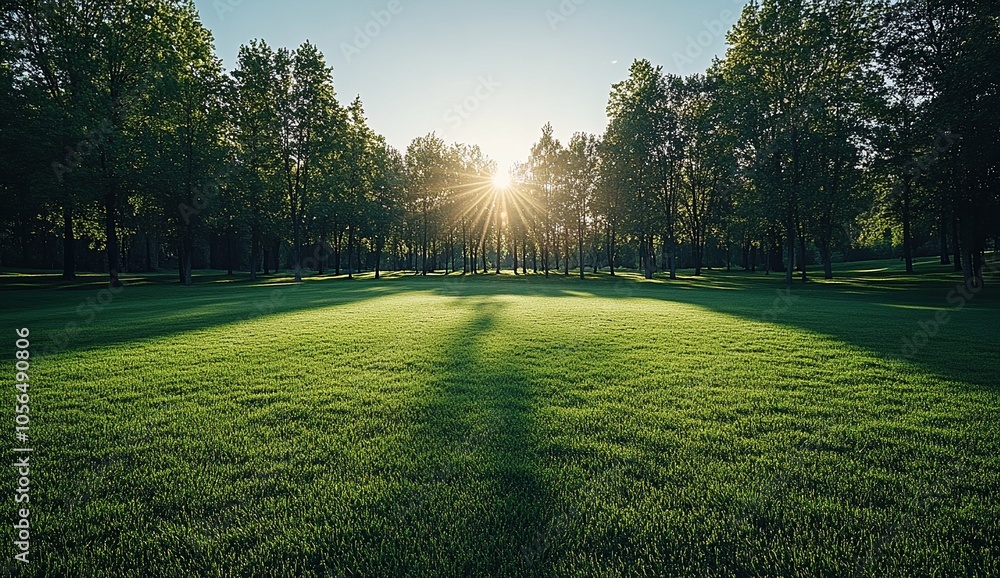 Poster sun rays shining through trees in a grassy field.