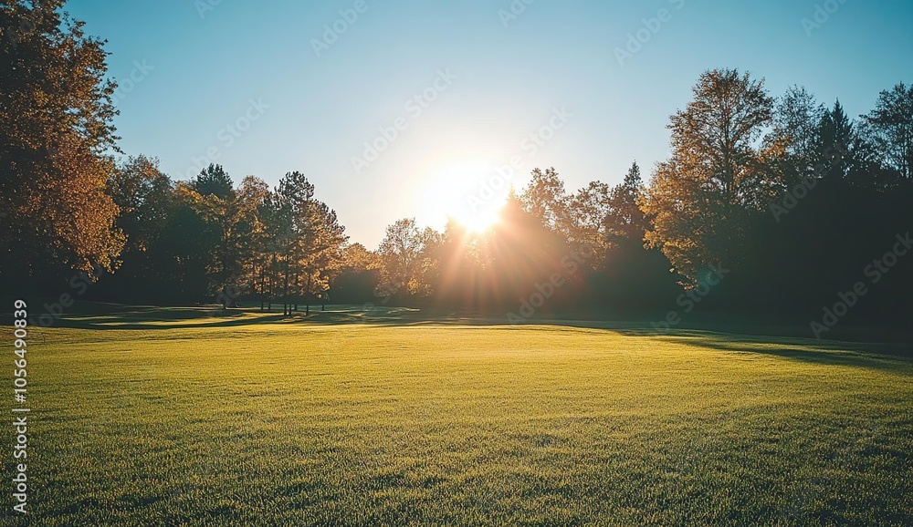 Poster a scenic view of a green grassy field with trees in the background as the sun sets in the distance.