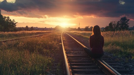 Silhouette of a woman sitting on train tracks facing the sunset.