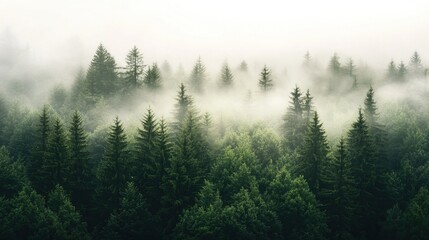 Misty Forest Canopy with Tall Evergreen Trees