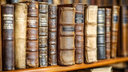 Naklejka premium 2410 47.A close-up of several books on a library shelf, each book showing its spine with titles and authors clearly visible. The shelves extend into the background, filled with more books, capturing