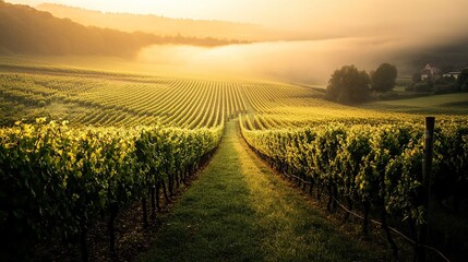 Naklejka premium Vineyard Rows at Sunrise with Fog and Golden Light