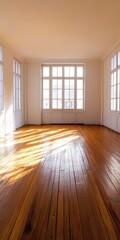 Obraz premium Sunlit empty room with large windows and wooden floor, perfect for interior design, real estate, or architectural projects.