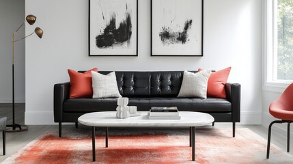 A minimalist living room featuring crisp white walls, a black leather sofa, and bright coral throw pillows