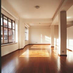 Fototapeta premium A large, empty room with wooden floors and white walls.