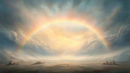 A rainbow is in the sky above a barren landscape