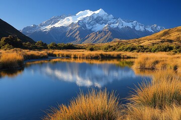 A stunning view of a snow-capped mountain reflected in a calm lake, with golden grass in the foreground and a blue sky overhead.
