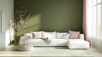 A minimalist living room featuring olive green walls, a white sectional sofa, and blush pink throw pillows
