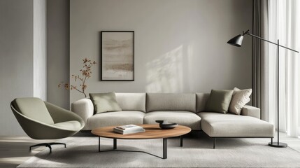 A minimalist living room featuring soft gray walls, a sage green accent chair, and a natural wood coffee table
