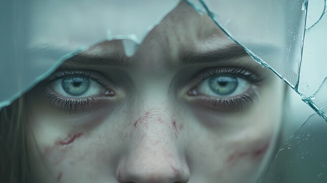A woman with blue eyes is looking at the camera through a broken window
