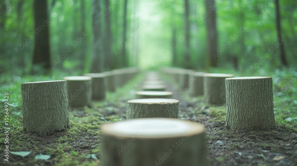 Poster a row of logs are lined up in a forest