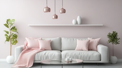 A minimalist living room featuring soft gray walls and a blush pink feature wall behind a sleek A light gray sofa is paired with pastel pink throw blankets and cushions, while a clear glass coffee tab