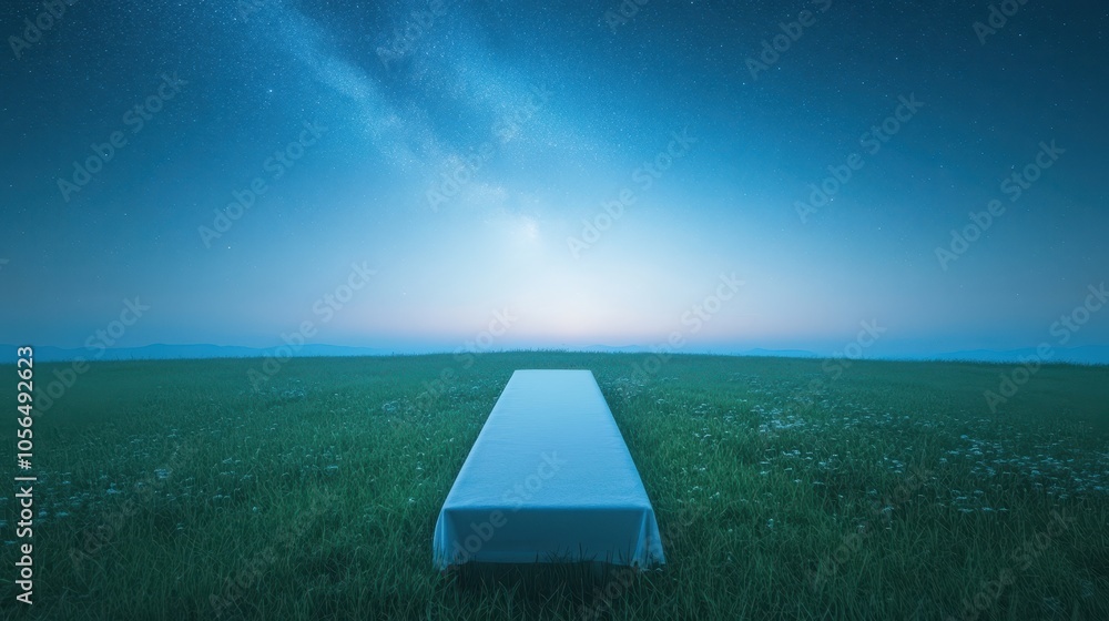 Poster a white table is in the middle of a field of grass