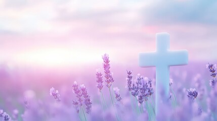 Fototapeta premium A white cross is in a field of purple flowers