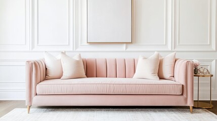 A minimalist living room featuring white walls, a blush pink velvet sofa, and rose gold accents in the decor