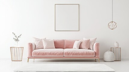 A minimalist living room featuring white walls, a blush pink velvet sofa, and rose gold accents in the decor