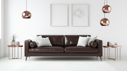 A minimalist living room featuring white walls, a dark brown leather sofa, and copper-toned side tables