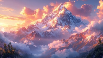 A majestic snow-capped mountain peak rises above a sea of clouds at sunset, with warm light illuminating the scene.