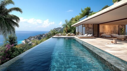 Obraz premium Modern villa with infinity pool overlooking a scenic coastal view.